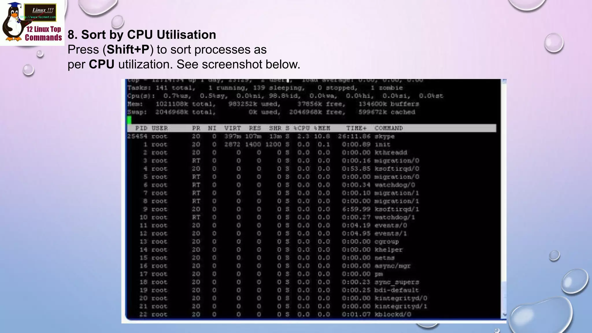 8. Sort by CPU Utilisation
Press (Shift+P) to sort processes as
per CPU utilization. See screenshot below.
 