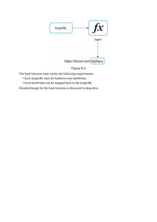 The hash function must satisfy the following requirements:
• Each longURL must be hashed to one hashValue.
• Each hashValue can be mapped back to the longURL.
Detailed design for the hash function is discussed in deep dive.
 