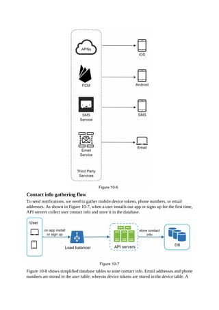 Contact info gathering flow
To send notifications, we need to gather mobile device tokens, phone numbers, or email
addresses. As shown in Figure 10-7, when a user installs our app or signs up for the first time,
API servers collect user contact info and store it in the database.
Figure 10-8 shows simplified database tables to store contact info. Email addresses and phone
numbers are stored in the user table, whereas device tokens are stored in the device table. A
 