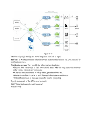 The best way to go through the above diagram is from left to right:
Service 1 to N: They represent different services that send notifications via APIs provided by
notification servers.
Notification servers: They provide the following functionalities:
• Provide APIs for services to send notifications. Those APIs are only accessible internally
or by verified clients to prevent spams.
• Carry out basic validations to verify emails, phone numbers, etc.
• Query the database or cache to fetch data needed to render a notification.
• Put notification data to message queues for parallel processing.
Here is an example of the API to send an email:
POST https://api.example.com/v/sms/send
Request body
 