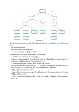 How does autocomplete work with trie? Before diving into the algorithm, let us define some
terms.
• p: length of a prefix
• n: total number of nodes in a trie
• c: number of children of a given node
Steps to get top k most searched queries are listed below:
1. Find the prefix. Time complexity: O(p).
2. Traverse the subtree from the prefix node to get all valid children. A child is valid if it
can form a valid query string. Time complexity: O(c)
3. Sort the children and get top k. Time complexity: O(clogc)
Let us use an example as shown in Figure 13-7 to explain the algorithm. Assume k equals to
2 and a user types “tr” in the search box. The algorithm works as follows:
• Step 1: Find the prefix node “tr”.
• Step 2: Traverse the subtree to get all valid children. In this case, nodes [tree: 10], [true:
35], [try: 29] are valid.
• Step 3: Sort the children and get top 2. [true: 35] and [try: 29] are the top 2 queries with
prefix “tr”.
 