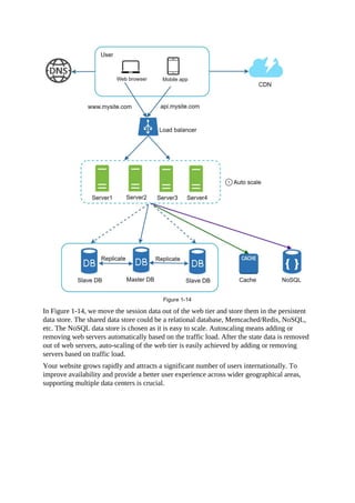 In Figure 1-14, we move the session data out of the web tier and store them in the persistent
data store. The shared data store could be a relational database, Memcached/Redis, NoSQL,
etc. The NoSQL data store is chosen as it is easy to scale. Autoscaling means adding or
removing web servers automatically based on the traffic load. After the state data is removed
out of web servers, auto-scaling of the web tier is easily achieved by adding or removing
servers based on traffic load.
Your website grows rapidly and attracts a significant number of users internationally. To
improve availability and provide a better user experience across wider geographical areas,
supporting multiple data centers is crucial.
 