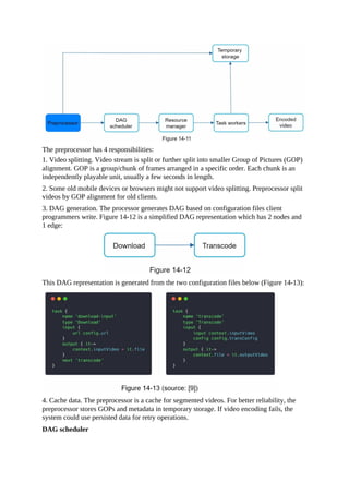 The preprocessor has 4 responsibilities:
1. Video splitting. Video stream is split or further split into smaller Group of Pictures (GOP)
alignment. GOP is a group/chunk of frames arranged in a specific order. Each chunk is an
independently playable unit, usually a few seconds in length.
2. Some old mobile devices or browsers might not support video splitting. Preprocessor split
videos by GOP alignment for old clients.
3. DAG generation. The processor generates DAG based on configuration files client
programmers write. Figure 14-12 is a simplified DAG representation which has 2 nodes and
1 edge:
This DAG representation is generated from the two configuration files below (Figure 14-13):
4. Cache data. The preprocessor is a cache for segmented videos. For better reliability, the
preprocessor stores GOPs and metadata in temporary storage. If video encoding fails, the
system could use persisted data for retry operations.
DAG scheduler
 