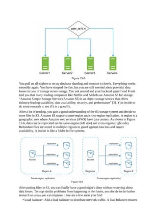 You pull an all-nighter to set up database sharding and monitor it closely. Everything works
smoothly again. You have stopped the fire, but you are still worried about potential data
losses in case of storage server outage. You ask around and your backend guru friend Frank
told you that many leading companies like Netflix and Airbnb use Amazon S3 for storage.
“Amazon Simple Storage Service (Amazon S3) is an object storage service that offers
industry-leading scalability, data availability, security, and performance” [3]. You decide to
do some research to see if it is a good fit.
After a lot of reading, you gain a good understanding of the S3 storage system and decide to
store files in S3. Amazon S3 supports same-region and cross-region replication. A region is a
geographic area where Amazon web services (AWS) have data centers. As shown in Figure
15-6, data can be replicated on the same-region (left side) and cross-region (right side).
Redundant files are stored in multiple regions to guard against data loss and ensure
availability. A bucket is like a folder in file systems.
After putting files in S3, you can finally have a good night's sleep without worrying about
data losses. To stop similar problems from happening in the future, you decide to do further
research on areas you can improve. Here are a few areas you find:
• Load balancer: Add a load balancer to distribute network traffic. A load balancer ensures
 