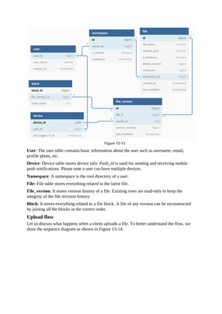 User: The user table contains basic information about the user such as username, email,
profile photo, etc.
Device: Device table stores device info. Push_id is used for sending and receiving mobile
push notifications. Please note a user can have multiple devices.
Namespace: A namespace is the root directory of a user.
File: File table stores everything related to the latest file.
File_version: It stores version history of a file. Existing rows are read-only to keep the
integrity of the file revision history.
Block: It stores everything related to a file block. A file of any version can be reconstructed
by joining all the blocks in the correct order.
Upload flow
Let us discuss what happens when a client uploads a file. To better understand the flow, we
draw the sequence diagram as shown in Figure 15-14.
 