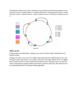 To determine which server a key is stored on, we go clockwise from the key position on the
ring until a server is found. Figure 5-7 explains this process. Going clockwise, key0 is stored
on server 0; key1 is stored on server 1; key2 is stored on server 2 and key3 is stored on server
3.
Add a server
Using the logic described above, adding a new server will only require redistribution of a
fraction of keys.
In Figure 5-8, after a new server 4 is added, only key0 needs to be redistributed. k1, k2, and
k3 remain on the same servers. Let us take a close look at the logic. Before server 4 is added,
key0 is stored on server 0. Now, key0 will be stored on server 4 because server 4 is the first
server it encounters by going clockwise from key0’s position on the ring. The other keys are
not redistributed based on consistent hashing algorithm.
 