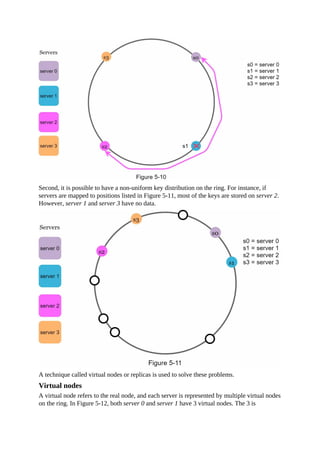 Second, it is possible to have a non-uniform key distribution on the ring. For instance, if
servers are mapped to positions listed in Figure 5-11, most of the keys are stored on server 2.
However, server 1 and server 3 have no data.
A technique called virtual nodes or replicas is used to solve these problems.
Virtual nodes
A virtual node refers to the real node, and each server is represented by multiple virtual nodes
on the ring. In Figure 5-12, both server 0 and server 1 have 3 virtual nodes. The 3 is
 