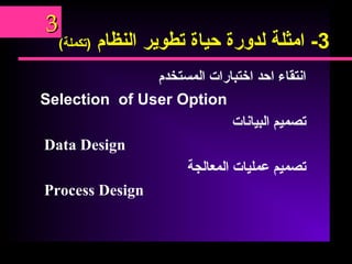 3-‫امثلة‬‫لدورة‬‫حياة‬‫تطوير‬‫النظام‬(‫)تكملة‬
‫انتقاء‬‫احد‬‫اختبارات‬‫المستخدم‬
Selection of User Option
‫تصميم‬‫البيانات‬
Data Design
‫تصميم‬‫عمليات‬‫المعالجة‬
Process Design
33
 