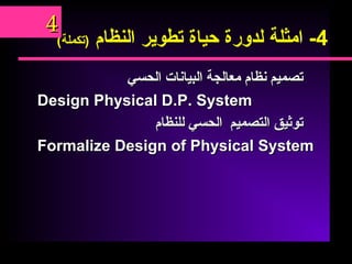 4-‫امثلة‬‫لدورة‬‫حياة‬‫تطوير‬‫النظام‬(‫)تكملة‬
44
‫تصميم‬‫تصميم‬‫نظام‬‫نظام‬‫معالجة‬‫معالجة‬‫البيانات‬‫البيانات‬‫الحسي‬‫الحسي‬
Design Physical D.P. SystemDesign Physical D.P. System
‫توثيق‬‫توثيق‬‫التصميم‬‫التصميم‬‫الحسي‬‫الحسي‬‫للنظام‬‫للنظام‬
Formalize Design of Physical SystemFormalize Design of Physical System
 