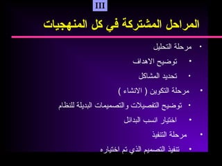 III
‫المراحل‬‫المشتركة‬‫في‬‫كل‬‫المنهجيات‬
•‫مرحلة‬‫التحليل‬
•‫توضيح‬‫الدهداف‬
•‫تحديد‬‫المشاكل‬
•‫مرحلة‬‫التكوين‬)‫الشنشاء‬(
•‫توضيح‬‫التفصيل ت‬‫والتصميما ت‬‫البديلة‬‫للنظام‬
•‫اختيار‬‫اشنسب‬‫البدائل‬
•‫مرحلة‬‫التنفيذ‬
•‫تنفيذ‬‫التصميم‬‫الذي‬‫تم‬‫اختياره‬
 