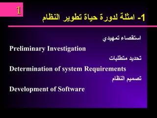 1-‫امثلة‬‫لدورة‬‫حياة‬‫تطوير‬‫النظام‬
‫استقصاء‬‫تمهيدي‬
Preliminary Investigation
‫تحديد‬‫متطلبات‬
Determination of system Requirements
‫تصميم‬‫النظام‬
Development of Software
11
 