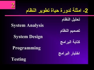 2-‫امثلة‬‫لدورة‬‫حياة‬‫تطوير‬‫النظام‬
‫تحليل‬‫النظام‬
System Analysis
‫تصميم‬‫النظام‬
System Design
‫كتابة‬‫البرامج‬
Programming
‫اختبار‬‫البرامج‬
Testing
22
 