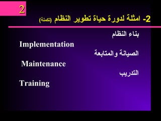 2-‫امثلة‬‫لدورة‬‫حياة‬‫تطوير‬‫النظام‬(‫)تكملة‬
‫بناء‬‫النظا‬‫م‬
Implementation
‫الصيانة‬‫والمتابعة‬
Maintenance
‫التدريب‬
Training
22
 