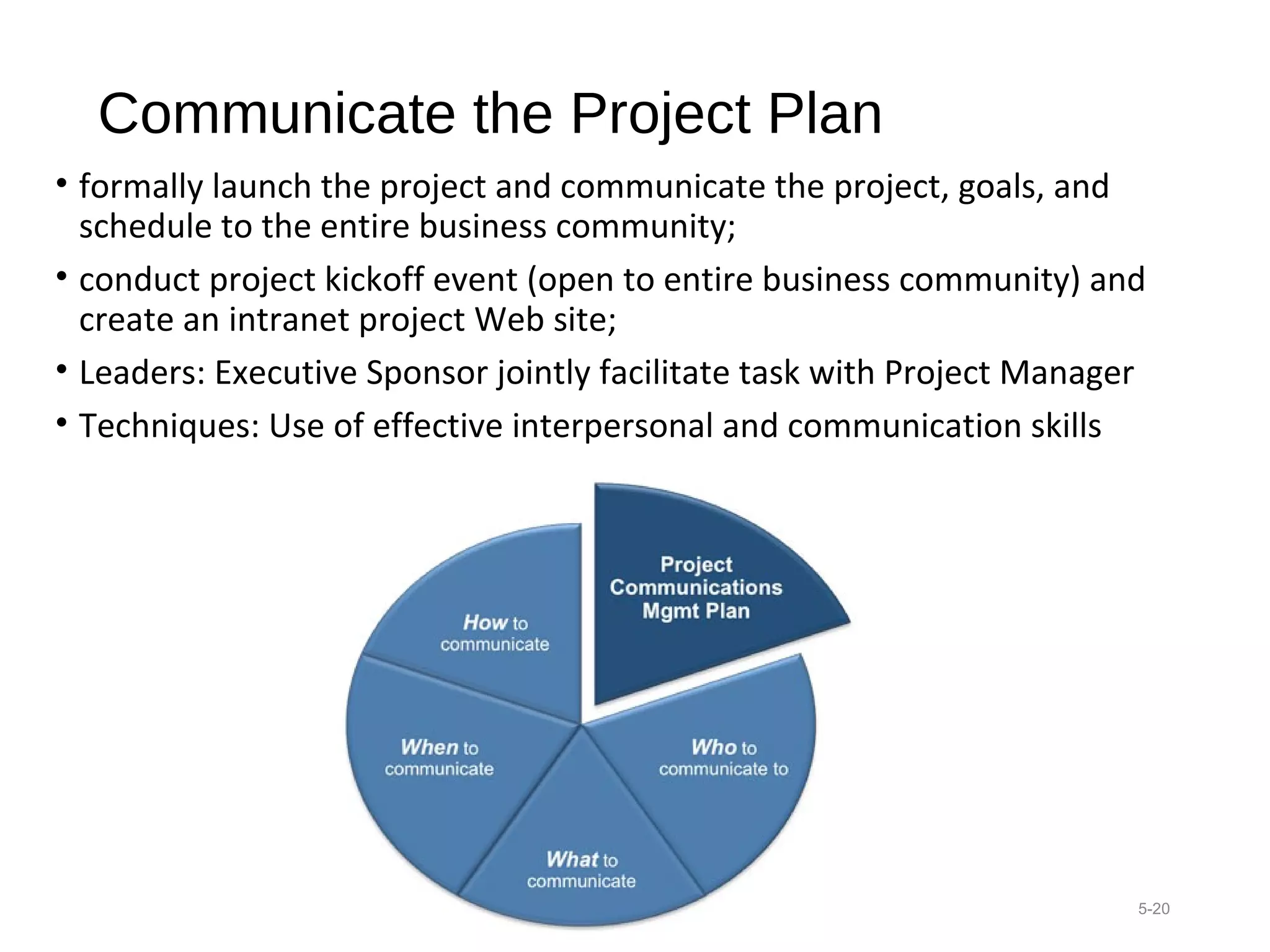Communicate the Project Plan
• formally launch the project and communicate the project, goals, and
schedule to the entire business community;
• conduct project kickoff event (open to entire business community) and
create an intranet project Web site;
• Leaders: Executive Sponsor jointly facilitate task with Project Manager
• Techniques: Use of effective interpersonal and communication skills
5-20
 