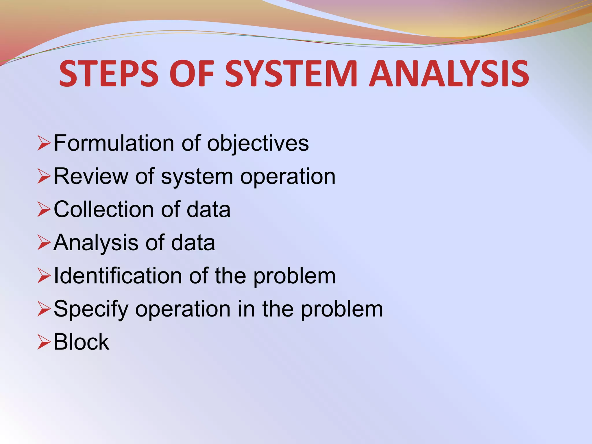 STEPS OF SYSTEM ANALYSIS
Formulation of objectives
Review of system operation
Collection of data
Analysis of data
Identification of the problem
Specify operation in the problem
Block
 