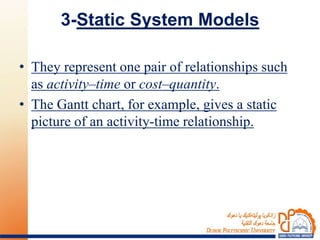 3-Static System Models
• They represent one pair of relationships such
as activity–time or cost–quantity.
• The Gantt chart, for example, gives a static
picture of an activity-time relationship.
 