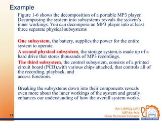 Example
Figure 1-6 shows the decomposition of a portable MP3 player.
Decomposing the system into subsystems reveals the system’s
inner workings. You can decompose an MP3 player into at least
three separate physical subsystems
One subsystem, the battery, supplies the power for the entire
system to operate.
A second physical subsystem, the storage system,is made up of a
hard drive that stores thousands of MP3 recordings.
The third subsystem, the control subsystem, consists of a printed
circuit board (PCB),with various chips attached, that controls all of
the recording, playback, and
access functions.
Breaking the subsystems down into their components reveals
even more about the inner workings of the system and greatly
enhances our understanding of how the overall system works.
17
 