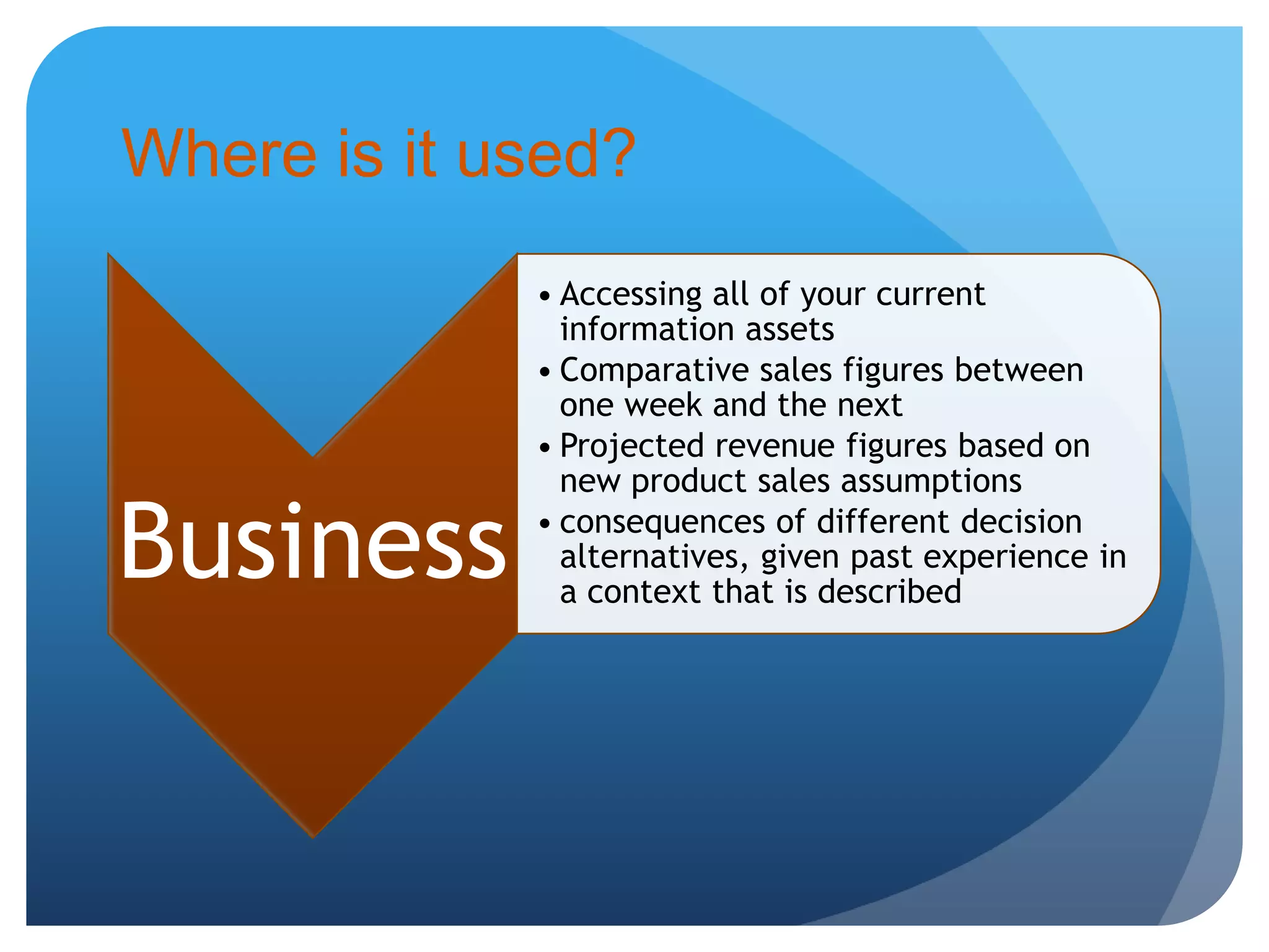 Where is it used?
Business
• Accessing all of your current
information assets
• Comparative sales figures between
one week and the next
• Projected revenue figures based on
new product sales assumptions
• consequences of different decision
alternatives, given past experience in
a context that is described
 