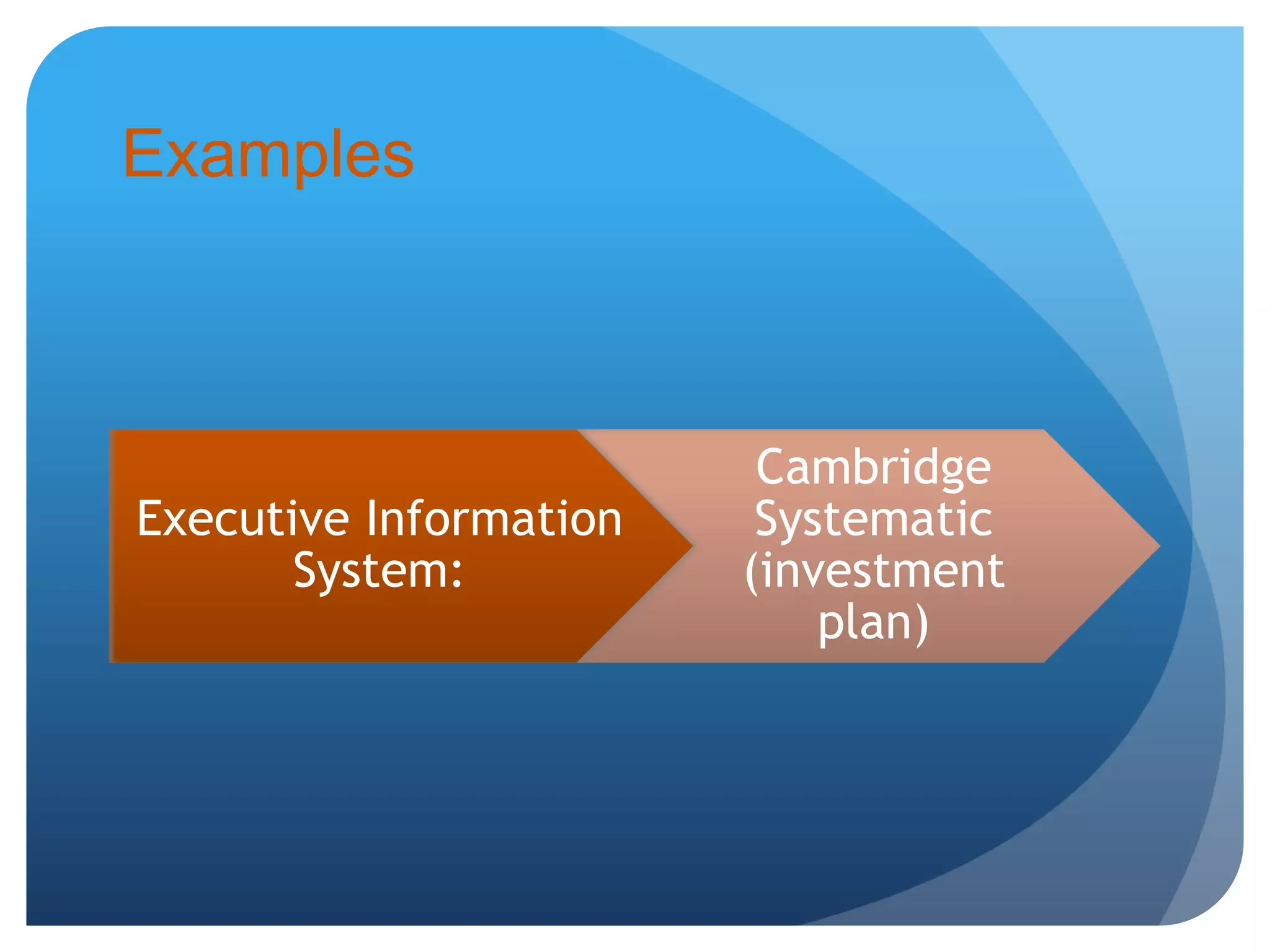 Examples
Executive Information
System:
Cambridge
Systematic
(investment
plan)
 