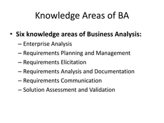 Knowledge Areas of BA
• Six knowledge areas of Business Analysis:
– Enterprise Analysis
– Requirements Planning and Management
– Requirements Elicitation
– Requirements Analysis and Documentation
– Requirements Communication
– Solution Assessment and Validation
 