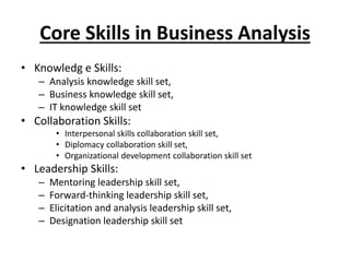 Core Skills in Business Analysis
• Knowledg e Skills:
– Analysis knowledge skill set,
– Business knowledge skill set,
– IT knowledge skill set
• Collaboration Skills:
• Interpersonal skills collaboration skill set,
• Diplomacy collaboration skill set,
• Organizational development collaboration skill set
• Leadership Skills:
– Mentoring leadership skill set,
– Forward-thinking leadership skill set,
– Elicitation and analysis leadership skill set,
– Designation leadership skill set
 