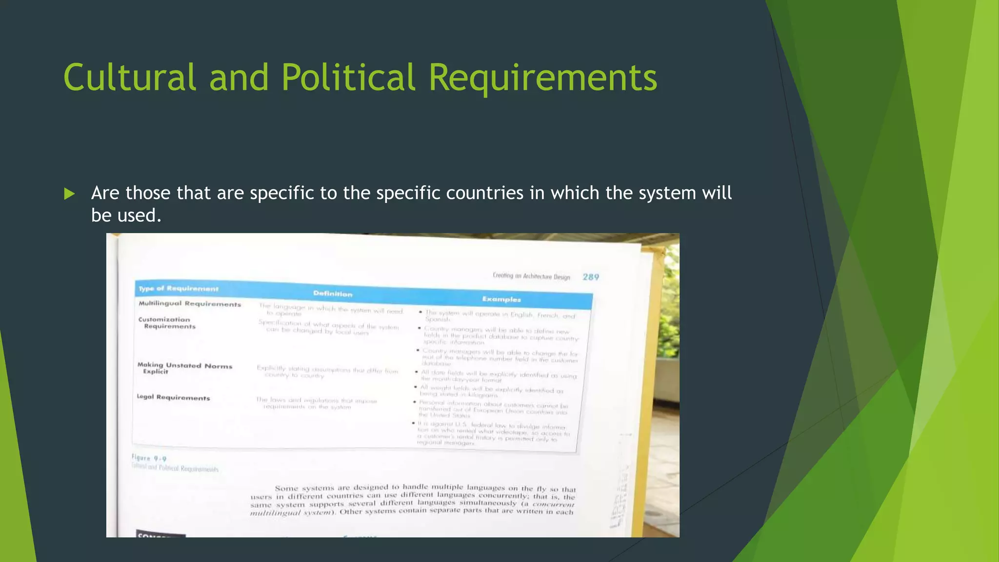 Cultural and Political Requirements
 Are those that are specific to the specific countries in which the system will
be used.
 