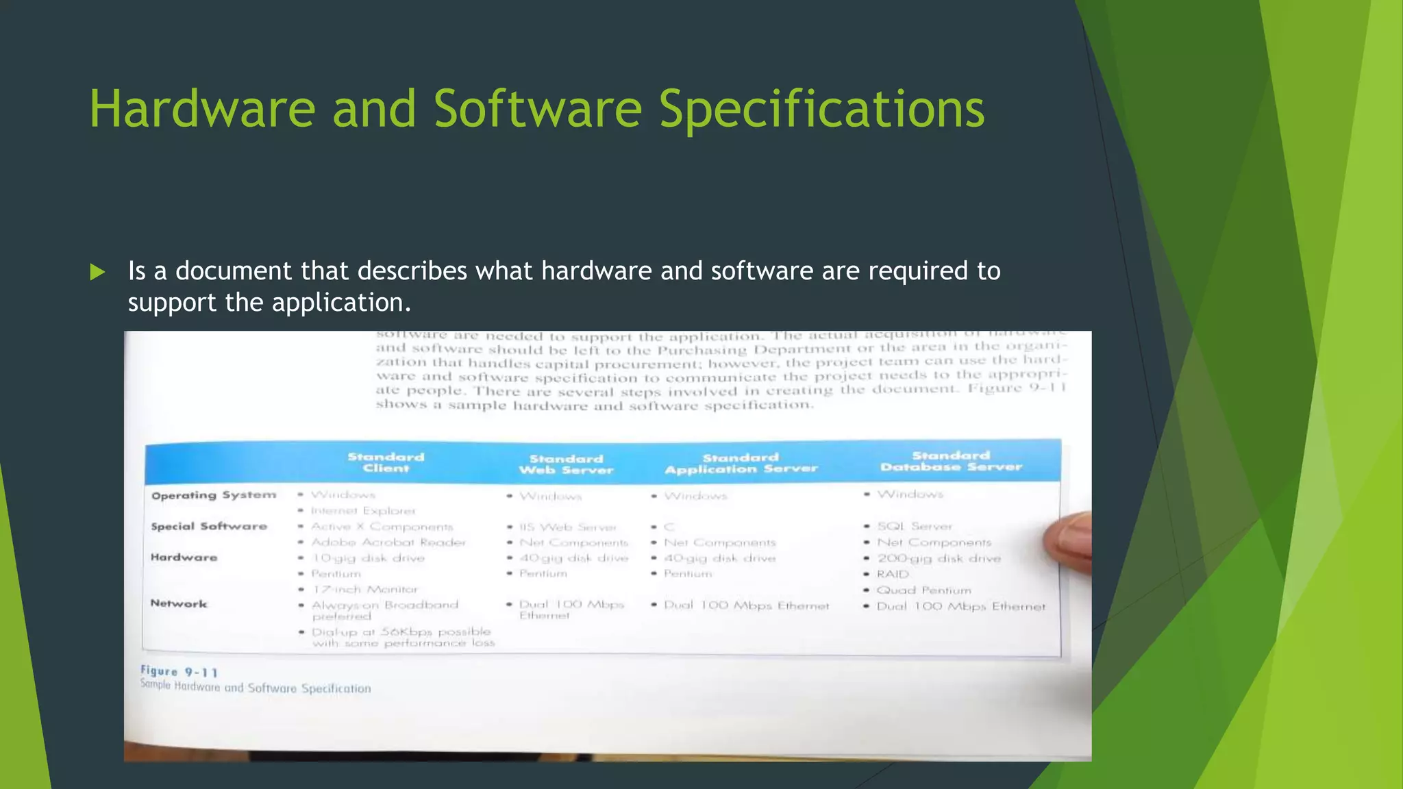 Hardware and Software Specifications
 Is a document that describes what hardware and software are required to
support the application.
 