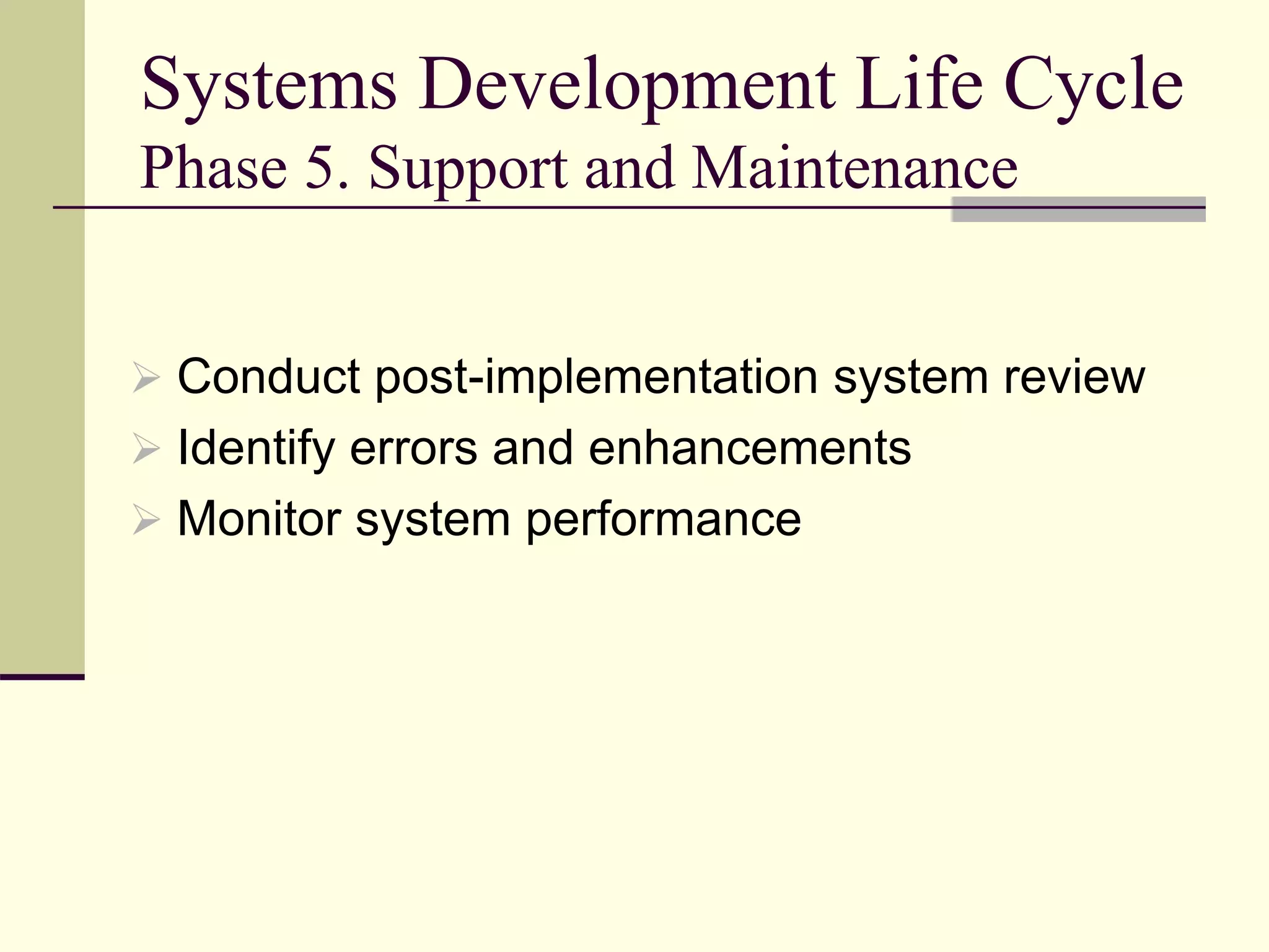Systems Development Life Cycle
Phase 5. Support and Maintenance
 Conduct post-implementation system review
 Identify errors and enhancements
 Monitor system performance
 