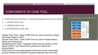 COMPONENTS OF CASE TOOL
 CASE tools are classified in to following categories due to their activities:
 1. UPPER CASE Tools
 2. LOWER CASE Tools
 3. INTEGRATED CASE Tools
Upper Case Tools - Upper CASE tools are used in planning, analysis
and design stages of SDLC.
Lower Case Tools - Lower CASE tools are used in implementation,
testing and maintenance.
Integrated Case Tools - Integrated CASE tools are helpful in all the
stages of SDLC, from Requirement gathering to Testing and
documentation.
CASE tools can be grouped together if they have similar functionality,
process activities and capability of getting integrated with other tools.
 