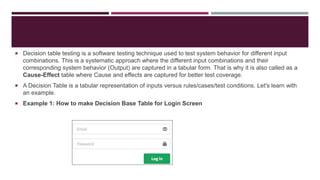  Decision table testing is a software testing technique used to test system behavior for different input
combinations. This is a systematic approach where the different input combinations and their
corresponding system behavior (Output) are captured in a tabular form. That is why it is also called as a
Cause-Effect table where Cause and effects are captured for better test coverage.
 A Decision Table is a tabular representation of inputs versus rules/cases/test conditions. Let's learn with
an example.
 Example 1: How to make Decision Base Table for Login Screen
 