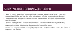 ADVANTAGES OF DECISION TABLE TESTING
 When the system behaviour is different for different input and not same for a range of inputs, both
equivalent partitioning, and boundary value analysis won't help, but decision table can be used.
 The representation is simple so that it can be easily interpreted and is used for development and
business as well.
 This table will help to make effective combinations and can ensure a better coverage for testing
 Any complex business conditions can be easily turned into decision tables
 In a case we are going for 100% coverage typically when the input combinations are low, this technique
can ensure the coverage.
 
