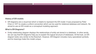 History of ER models
 ER diagrams are a visual tool which is helpful to represent the ER model. It was proposed by Peter
Chen in 1971 to create a uniform convention which can be used for relational database and network. He
aimed to use an ER model as a conceptual modeling approach.
What is ER Diagrams?
 Entity relationship diagram displays the relationships of entity set stored in a database. In other words,
we can say that ER diagrams help you to explain the logical structure of databases. At first look, an ER
diagram looks very similar to the flowchart. However, ER Diagram includes many specialized symbols,
and its meanings make this model unique.
 