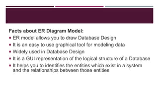 Facts about ER Diagram Model:
 ER model allows you to draw Database Design
 It is an easy to use graphical tool for modeling data
 Widely used in Database Design
 It is a GUI representation of the logical structure of a Database
 It helps you to identifies the entities which exist in a system
and the relationships between those entities
 