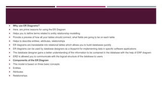  Why use ER Diagrams?
 Here, are prime reasons for using the ER Diagram
 Helps you to define terms related to entity relationship modelling
 Provide a preview of how all your tables should connect, what fields are going to be on each table
 Helps to describe entities, attributes, relationships
 ER diagrams are translatable into relational tables which allows you to build databases quickly
 ER diagrams can be used by database designers as a blueprint for implementing data in specific software applications
 The database designer gains a better understanding of the information to be contained in the database with the help of ERP diagram
 ERD is allowed you to communicate with the logical structure of the database to users
 Components of the ER Diagram
 This model is based on three basic concepts:
 Entities
 Attributes
 Relationships
 