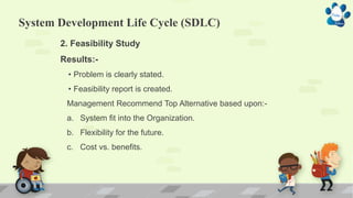System Development Life Cycle (SDLC)
2. Feasibility Study
Results:-
• Problem is clearly stated.
• Feasibility report is created.
Management Recommend Top Alternative based upon:-
a. System fit into the Organization.
b. Flexibility for the future.
c. Cost vs. benefits.
 