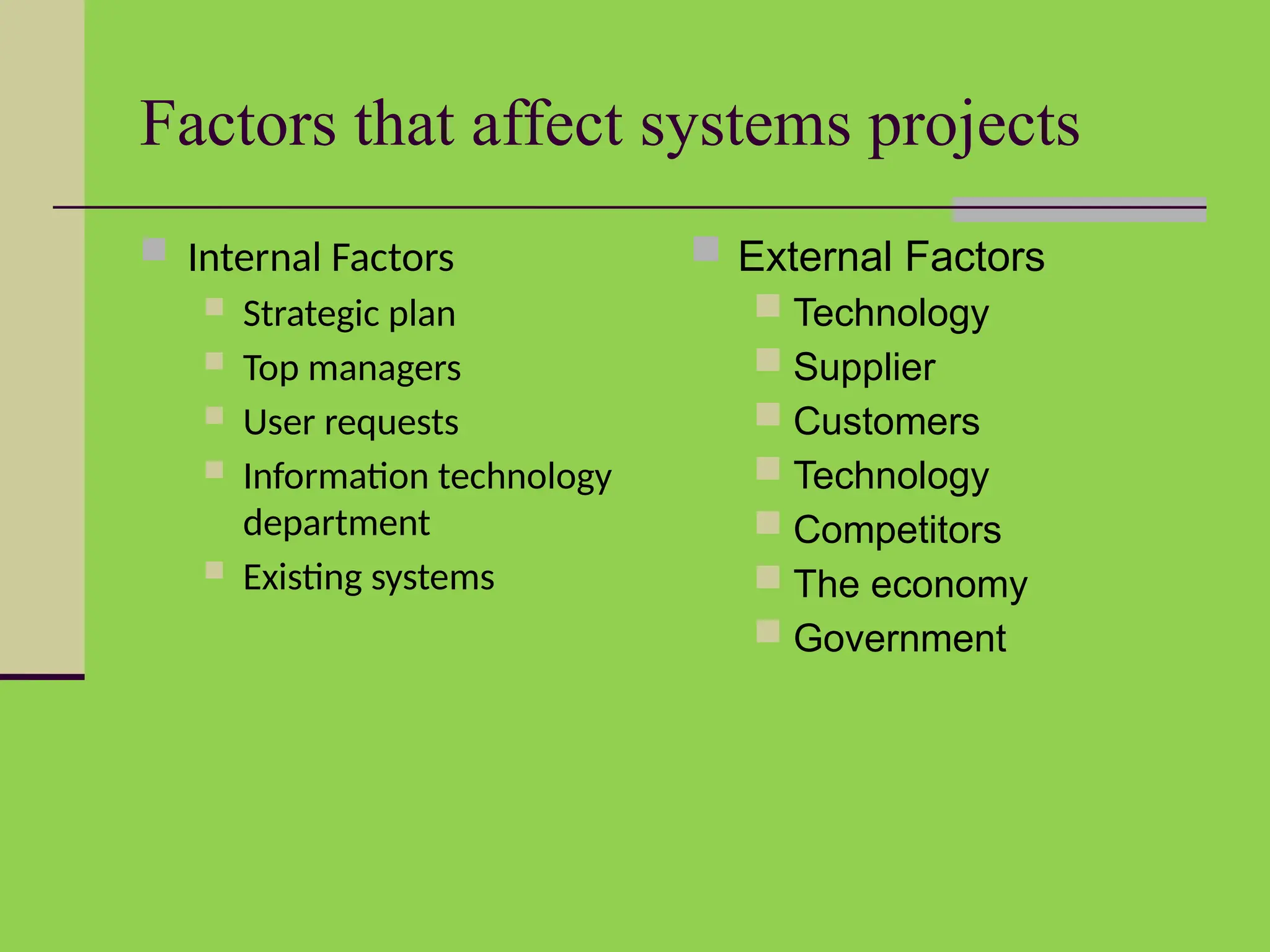 Factors that affect systems projects
 Internal Factors
 Strategic plan
 Top managers
 User requests
 Information technology
department
 Existing systems
 External Factors
 Technology
 Supplier
 Customers
 Technology
 Competitors
 The economy
 Government
 