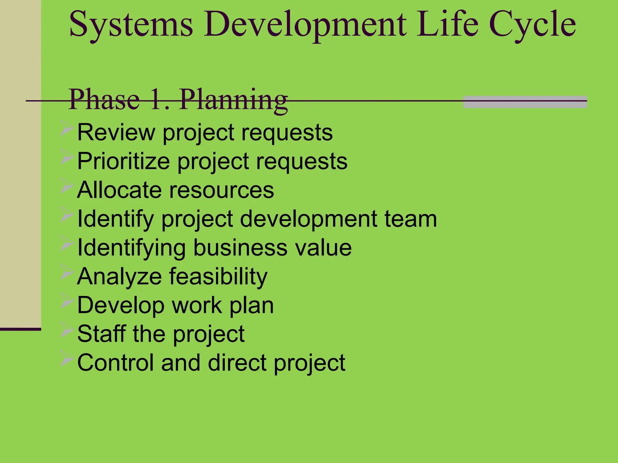 Systems Development Life Cycle
Phase 1. Planning
Review project requests
Prioritize project requests
Allocate resources
Identify project development team
Identifying business value
Analyze feasibility
Develop work plan
Staff the project
Control and direct project
 