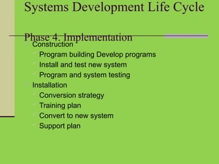 Systems Development Life Cycle
Phase 4. Implementation
 Construction
 Program building Develop programs
 Install and test new system
 Program and system testing
 Installation
 Conversion strategy
 Training plan
 Convert to new system
 Support plan
 