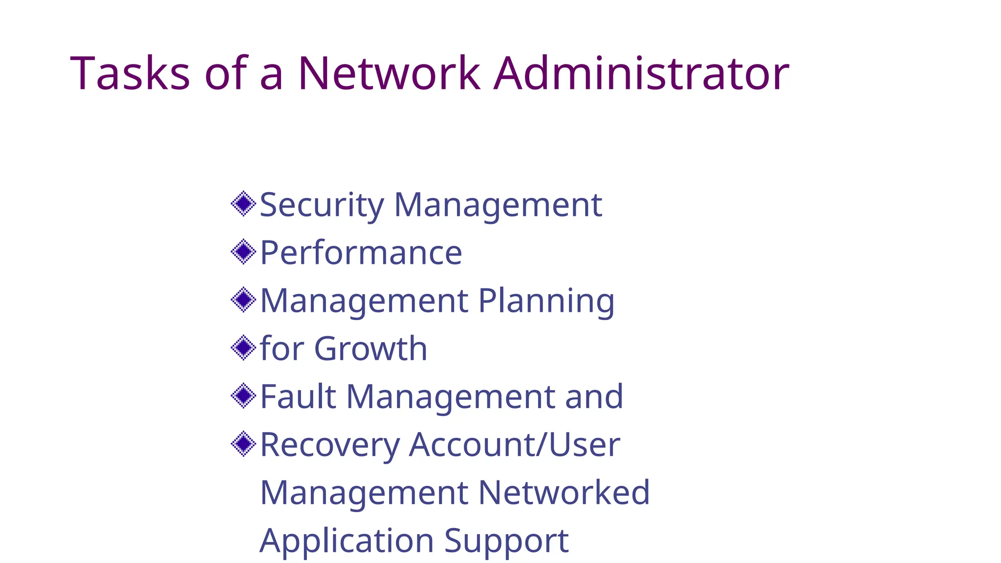 Tasks of a Network Administrator
Security Management
Performance
Management Planning
for Growth
Fault Management and
Recovery Account/User
Management Networked
Application Support
 