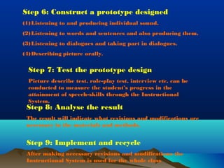 Step 6: Construct a prototype designed
(1) Listening to and producing individual sound.
(2) Listening to words and sentences and also producing them.
(3) Listening to dialogues and taking part in dialogues.
(4) Describing picture orally.

Step 7: Test the prototype design
Picture describe test, role-play test, interview etc. can be
conducted to measure the student’s progress in the
attainment of speech-skills through the Instructional
System.

Step 8: Analyse the result

The result will indicate what revisions and modifications are
necessary in the materials and methods.

Step 9: Implement and recycle
After making necessary revisions and modifications the
Instructional System is used for the whole class

 