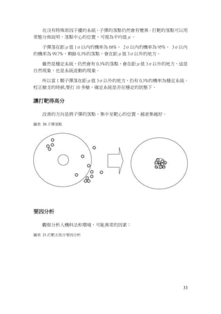 33
在沒有特殊原因干擾的系統，子彈的落點仍然會有變異。打靶的落點可以用
常態分佈說明，落點中心的位置，可視為平均值μ。
子彈落在距μ值 1σ以內的機率為 68%， 2σ以內的機率為 95%， 3σ以內
的機率為 99.7%，剩餘 0.3%的落點，會在距μ值 3σ以外的地方。
雖然是穩定系統，仍然會有 0.3%的落點，會在距μ值 3σ以外的地方，這是
自然現象，也是系統波動的現象。
所以當 1 顆子彈落在距μ值 3σ以外的地方，仍有 0.3%的機率為穩定系統。
校正槍支的時候,要打 10 多槍，確定系統是否在穩定的狀態下。
讓打靶得高分
改善的方向是將子彈的落點，集中至靶心的位置，越密集越好。
圖表 20.子彈落點
要因分析
觀察分析人機料法和環境，可能異常的因素：
圖表 21.打靶太低分要因分析
 