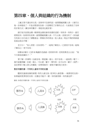 36
第四章、個人與組織的行為機制
工廠主管不滿良率太低，宣佈再不改善的話，就要懲處相關人員。1 個月以
後，良率提高了。不是品質真的改善，只是變更了計算的公式。大家修改了良率
的計算方式，讓良率的數字，看起來比較好看。
銀行每天結算金額，帳與現金偶而會有些微的差距，有時多，有時少。銀行
經理宣布，如果再有差異，就要懲處相關人員。不久以後，差異沒有了，因為銀
行的員工自行成立了調整基金，將偶而多的現金，放入基金，現金不夠的時候就
從基金取出平衡。
老子曰：“知人者智，自知者明。”，能夠了解別人，已經很不容易，能夠
了解自己，更不容易。
結婚 60 幾年，已經 90 幾歲的老爺爺，老奶奶吵架。老奶奶罵老公公說：“我
今天算是認識你了。”
要了解一件事物，比較容易，要認識一個人，很不容易。一道食物，嚐了一
個月就覺得膩，但愛一個人，可以愛一輩子，要吵架，也可以吵一輩子。我們一
直在學習了解人與人的關係，但學習愈多，發現不懂的地方更多。
對於同樣的事，不同的人會有不同的反應
聽到兒童被家暴的新聞，有的人會生氣，更多的人會悲傷。一個漂亮的女孩，
如果碰到更漂亮的女孩，反應也可能不一樣，有的會羨慕，有的會忌妒。
圖表 24.對於同樣的事，不同的人會有不同的反應。
 