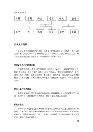 52
圖表 29.家庭角色
美式足球組織
美式足球是美國最熱門的運動。每年夏天到週末的時候，大概有一半的人都
在看球賽。美式足球可以分為職業美式足球，大學美式足球和高中美式足球。周
六是大學球隊比賽的日子，周日則是職業球隊比賽的日子。
營運資金充分的經濟活動
球場觀眾可達 10 萬人，門票每張平均約美金 100 元，一場球賽門票收入約
1,000 萬元美金，折合台幣約 3 億元。除了門票收入，整個大球場設計成一個大
賣場，飲食，服飾，相關紀念商品，應有盡有。電視轉播，產品代言或是商標授
權收入，都很可觀。球賽所帶動的球場建設，運動器材，服飾等，均可促進經濟
活絡。
提供大量的就業機會
職業球賽或是大學球賽安排的行政組織，電視轉播人員，平面媒體記者，教
練，助理人員，運動醫療人員等需求，都是大量就業機會的來源。
球員的出路
優秀的高中球員可以進到大學球隊，優秀的大學球員可以進入職業球隊，球
員退休以後，可以擔任教練或是轉播球賽的記者。大學畢業沒有進入職業球隊的
球員，可以擔任教練助理的工作，往教練的方向發展，也可以往電視記者，平面
記者，網路的評論記者發展。
 