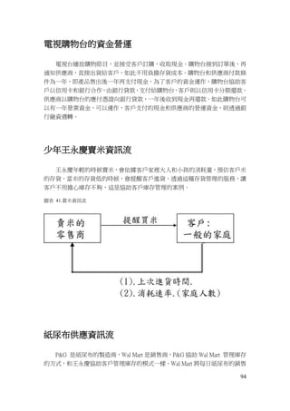 94
電視購物台的資金營運
電視台播放購物節目，並接受客戶訂購，收取現金。購物台接到訂單後，再
通知供應商，直接出貨給客戶，如此不用負擔存貨成本。購物台和供應商付款條
件為一年，即產品售出後一年再支付現金。為了客戶的資金運作，購物台協助客
戶以信用卡和銀行合作，由銀行貸款，支付給購物台，客戶則以信用卡分期還款。
供應商以購物台的應付憑證向銀行貸款，一年後收到現金再還款。如此購物台可
以有一年營業資金，可以運作，客戶支付的現金和供應商的營運資金，則透過銀
行融資週轉。
少年王永慶賣米資訊流
王永慶年輕的時候賣米，會依據客戶家裡大人和小孩的消耗量，預估客戶米
的存貨。當米的存貨低的時候，會提醒客戶進貨。透過這種存貨管理的服務，讓
客戶不用擔心庫存不夠，這是協助客戶庫存管理的案例。
圖表 41.賣米資訊流
紙尿布供應資訊流
P&G 是紙尿布的製造商，Wal Mart 是銷售商，P&G 協助 Wal Mart 管理庫存
的方式，和王永慶協助客戶管理庫存的模式一樣。Wal Mart 將每日紙尿布的銷售
 