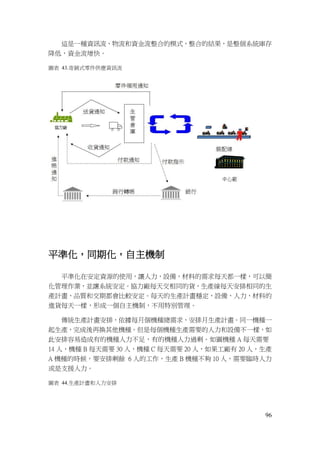 96
這是一種資訊流，物流和資金流整合的模式，整合的結果，是整個系統庫存
降低，資金流增快。
圖表 43.寄銷式零件供應資訊流
平準化，同期化，自主機制
平準化在安定資源的使用，讓人力，設備，材料的需求每天都一樣，可以簡
化管理作業，並讓系統安定。協力廠每天交相同的貨，生產線每天安排相同的生
產計畫，品質和交期都會比較安定。每天的生產計畫穩定，設備，人力，材料的
進貨每天一樣，形成一個自主機制，不用特別管理。
傳統生產計畫安排，依據每月個機種總需求，安排月生產計畫。同一機種一
起生產，完成後再換其他機種。但是每個機種生產需要的人力和設備不一樣，如
此安排容易造成有的機種人力不足，有的機種人力過剩。如圖機種 A 每天需要
14 人，機種 B 每天需要 30 人，機種 C 每天需要 20 人，如果工廠有 20 人，生產
A 機種的時候，要安排剩餘 6 人的工作，生產 B 機種不夠 10 人，需要臨時人力
或是支援人力。
圖表 44.生產計畫和人力安排
 