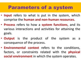 Parameters of a system
• Input refers to what is put in the system, which
comprise the human and non-human resources.
• Process refers to how a system functions, and its
various interactions and activities for attaining the
goals.
• Output is the product of the system as a
consequence of the process.
• Environmental context refers to the conditions,
factors, or constraints related with the physical
social environment in which the system operates.
 
