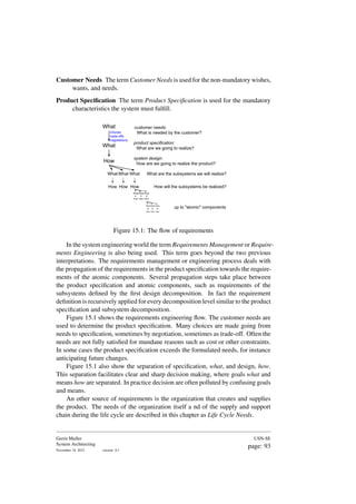 Customer Needs The term Customer Needs is used for the non-mandatory wishes,
wants, and needs.
Product Specification The term Product Specification is used for the mandatory
characteristics the system must fulfill.
What
What
How
customer needs:
What is needed by the customer?
product specification:
What are we going to realize?
system design:
How are we going to realize the product?
What
How
What
How
What
How
What are the subsystems we will realize?
How will the subsystems be realized?
What
How
What
How
What
How
What
How
What
How
What
How
up to "atomic" components
choices
trade-offs
negotiations
Figure 15.1: The flow of requirements
In the system engineering world the term Requirements Management or Require-
ments Engineering is also being used. This term goes beyond the two previous
interpretations. The requirements management or engineering process deals with
the propagation of the requirements in the product specification towards the require-
ments of the atomic components. Several propagation steps take place between
the product specification and atomic components, such as requirements of the
subsystems defined by the first design decomposition. In fact the requirement
definition is recursively applied for every decomposition level similar to the product
specification and subsystem decomposition.
Figure 15.1 shows the requirements engineering flow. The customer needs are
used to determine the product specification. Many choices are made going from
needs to specification, sometimes by negotiation, sometimes as trade-off. Often the
needs are not fully satisfied for mundane reasons such as cost or other constraints.
In some cases the product specification exceeds the formulated needs, for instance
anticipating future changes.
Figure 15.1 also show the separation of specification, what, and design, how.
This separation facilitates clear and sharp decision making, where goals what and
means how are separated. In practice decision are often polluted by confusing goals
and means.
An other source of requirements is the organization that creates and supplies
the product. The needs of the organization itself a nd of the supply and support
chain during the life cycle are described in this chapter as Life Cycle Needs.
Gerrit Muller
System Architecting
November 18, 2023 version: 0.1
USN-SE
page: 93
 