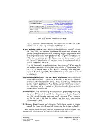 • Build a graph of relations between drivers and requirements
by means of brainstorming and discussions
• Define the scope specific. in terms of stakeholder or market segments
• Acquire and analyze facts extract facts from the product specification
and ask why questions about the specification of existing products.
• Iterate many times increased understanding often triggers the move of issues
from driver to requirement or vice versa and rephrasing
where requirements
may have multiple drivers
• Obtain feedback discuss with customers, observe their reactions
Figure 16.3: Method to define key drivers
specific customers. We recommend to first create some understanding of the
target customers before any compromising takes place.
Acquire and analyze facts We recommend to start building the graph by looking
for known facts. For example, in most organizations there is already an
extensive draft product specification, with many proposed requirements. For
every requirement in the draft specification the why question can be asked:
“Why does the customer need this feature, what will the customer do with
this feature?”. Repeating the why question relates the requirement in a few
steps to a (potential) key driver.
Note that starting with facts often means working bottom-up1. When marketing
and application managers have a good understanding of the customer, then
the facts can also be found in the CA-views, allowing a more top-down
approach. Iteration, repeated top-down and bottom-up discussions, is necessary
in either case.
Build a graph of relations between drivers and requirements by means of brain-
storms and discussions. A great deal of the value of this method is in this
discussion, where team members create a shared understanding of the customer
and the product specification. Note that the graph is often many-to-many:
one requirement can serve multiple key drivers, and one key driver results in
many different requirements.
Obtain feedback from customers by showing them the graph and by discussing
the graph. Note that it is a good sign when customers dispute the graph,
since the graph in that case apparently is understandable. When customers
say that the graph is OK, then that is often a bad sign, mostly showing that
the customer is polite.
Iterate many times top-down and bottom-up. During these iteration it is quite
normal that issues move left to right or opposite due to increased under-
1
Every time that course participants ignore this recommendation, and start top-down while
lacking customer insight, they come up with a set of too abstract not usable key drivers.
Gerrit Muller
System Architecting
November 18, 2023 version: 0.2
University of South-Eastern Norway-NISE
page: 100
 