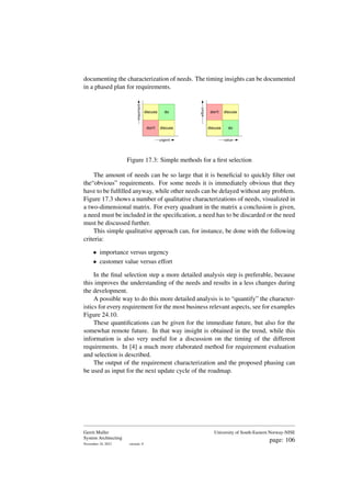 documenting the characterization of needs. The timing insights can be documented
in a phased plan for requirements.
important urgent
effort
value
do
don't discuss
discuss
do
don't discuss
discuss
Figure 17.3: Simple methods for a first selection
The amount of needs can be so large that it is beneficial to quickly filter out
the“obvious” requirements. For some needs it is immediately obvious that they
have to be fulfilled anyway, while other needs can be delayed without any problem.
Figure 17.3 shows a number of qualitative characterizations of needs, visualized in
a two-dimensional matrix. For every quadrant in the matrix a conclusion is given,
a need must be included in the specification, a need has to be discarded or the need
must be discussed further.
This simple qualitative approach can, for instance, be done with the following
criteria:
• importance versus urgency
• customer value versus effort
In the final selection step a more detailed analysis step is preferable, because
this improves the understanding of the needs and results in a less changes during
the development.
A possible way to do this more detailed analysis is to “quantify” the character-
istics for every requirement for the most business relevant aspects, see for examples
Figure 24.10.
These quantifications can be given for the immediate future, but also for the
somewhat remote future. In that way insight is obtained in the trend, while this
information is also very useful for a discussion on the timing of the different
requirements. In [4] a much more elaborated method for requirement evaluation
and selection is described.
The output of the requirement characterization and the proposed phasing can
be used as input for the next update cycle of the roadmap.
Gerrit Muller
System Architecting
November 18, 2023 version: 0
University of South-Eastern Norway-NISE
page: 106
 