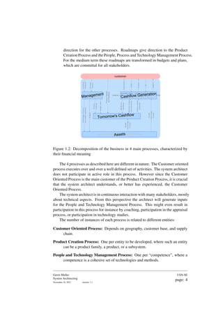 direction for the other processes. Roadmaps give direction to the Product
Creation Process and the People, Process and Technology Management Process.
For the medium term these roadmaps are transformed in budgets and plans,
which are committal for all stakeholders.
Customer Oriented Process
$$
sales logisticsproduction service
presales
Product Creation Process
Policy and
Planning Process
People and Technology Management Process
Business
Drivers
Customer
Roadmap
Budget,
plan
Product
roadmap
Technology,
Process,
and
People
roadmaps
Budgets
People
Technology
Process
Product-related
processes
People
Technology
Process
Information
Order
Product
$$
Support
Management
Assets
Tomorrow's Cashflow
Cashflow Generation
customer
Needs
and
Feedback
Product
Needs
and
feedback
material
Technical
Product
Documentation
Figure 1.2: Decomposition of the business in 4 main processes, characterized by
their financial meaning
The 4 processes as described here are different in nature. The Customer oriented
process executes over and over a well defined set of activities. The system architect
does not participate in active role in this process. However since the Customer
Oriented Process is the main customer of the Product Creation Process, it is crucial
that the system architect understands, or better has experienced, the Customer
Oriented Process.
The system architect is in continuous interaction with many stakeholders, mostly
about technical aspects. From this perspective the architect will generate inputs
for the People and Technology Management Process. This might even result in
participation in this process for instance by coaching, participation in the appraisal
process, or participation in technology studies.
The number of instances of each process is related to different entities:
Customer Oriented Process: Depends on geography, customer base, and supply
chain.
Product Creation Process: One per entity to be developed, where such an entity
can be a product family, a product, or a subsystem.
People and Technology Management Process: One per “competence”, where a
competence is a cohesive set of technologies and methods.
Gerrit Muller
System Architecting
November 18, 2023 version: 1.1
USN-SE
page: 4
 